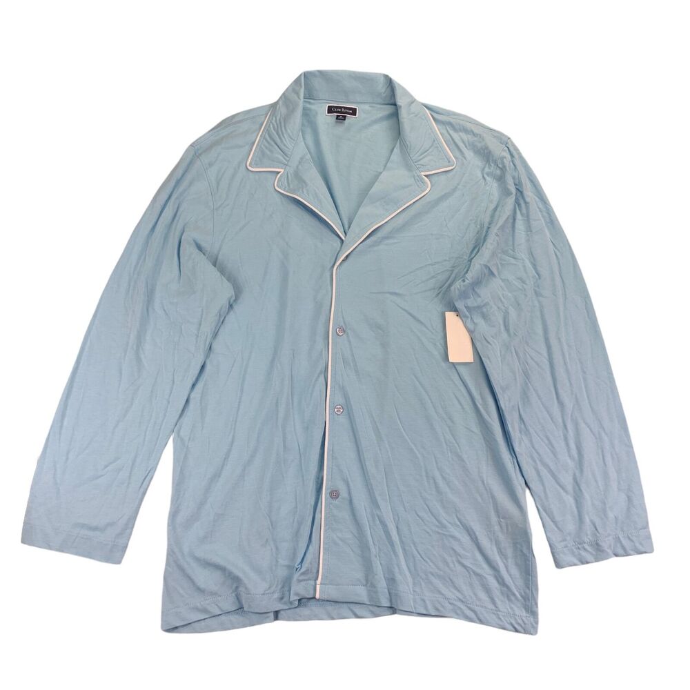 Club Room Mens Solid Soft Piped Pajama Top Button Down Shirt Light Blue XL